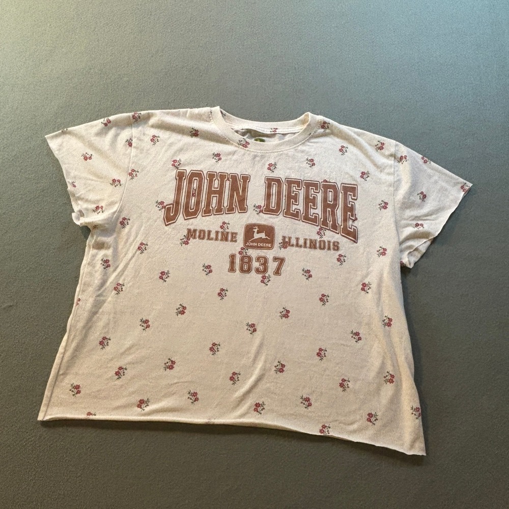 John Deere Floral Graphic Crop T-Shirt Womens XL White Moline Illinois 1837
